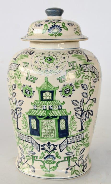 Large Blue & Green Pagoda Ginger Jar